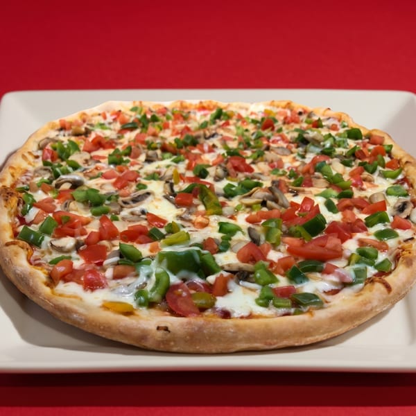 A whole vegetarian pizza with mushrooms, green peppers, and tomatoes on a white plate.