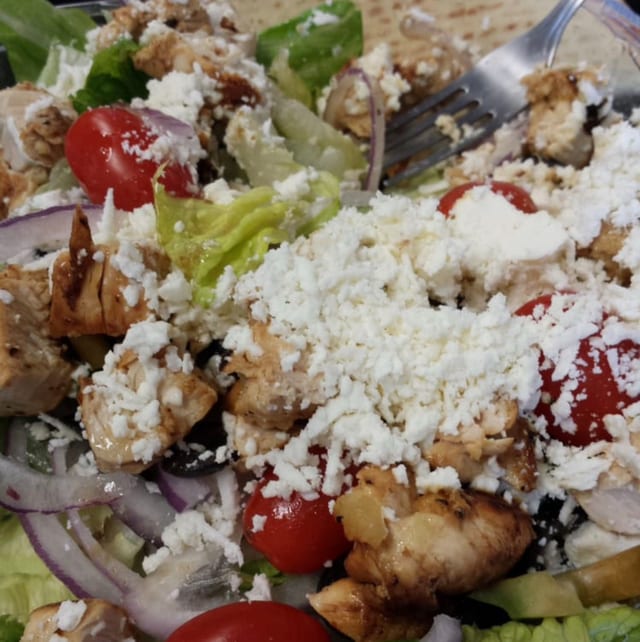 Chicken Souvlaki Salad with Pita.