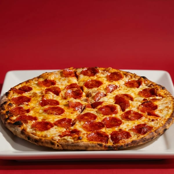 A freshly baked pepperoni pizza, sliced into eight pieces, sits on a white rectangular plate against a red background.
