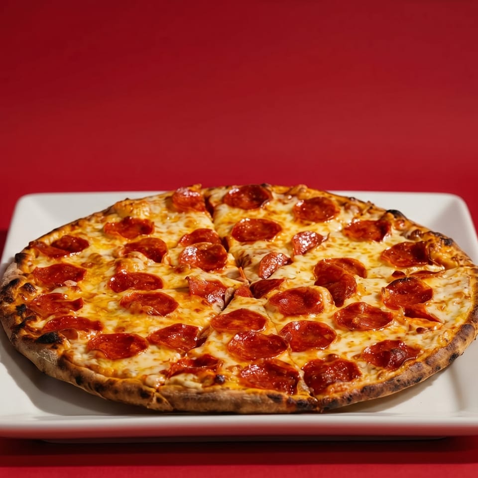 A freshly baked pepperoni pizza, sliced into eight pieces, sits on a white rectangular plate against a red background.