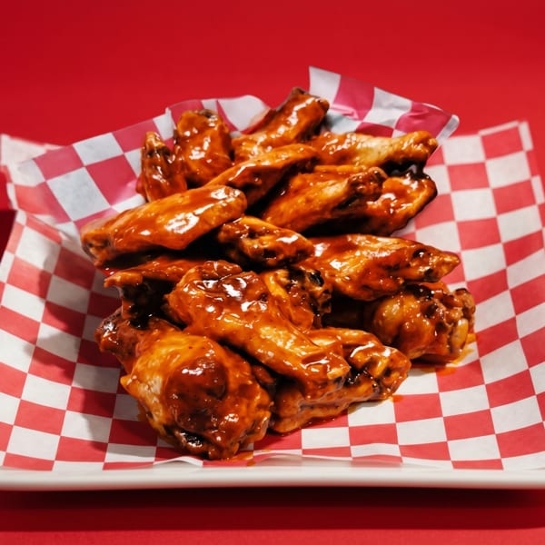 A white plate filled with saucy chicken wings on red and white checkered paper, against a red background.