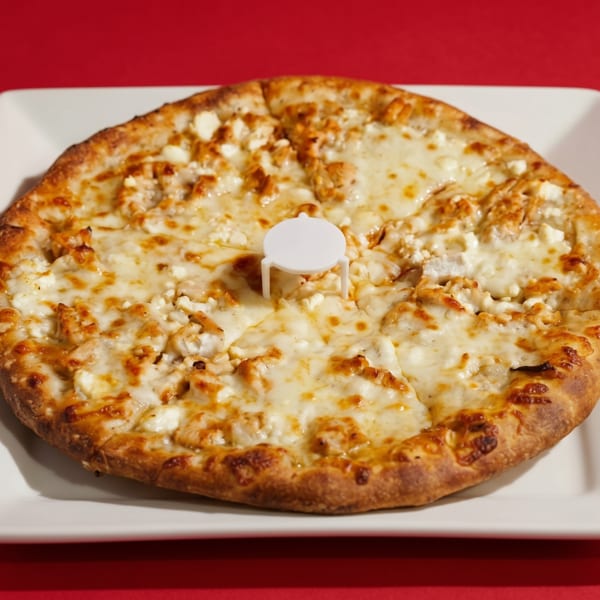 A white pizza with chicken and feta cheese on a white square plate against a red background.